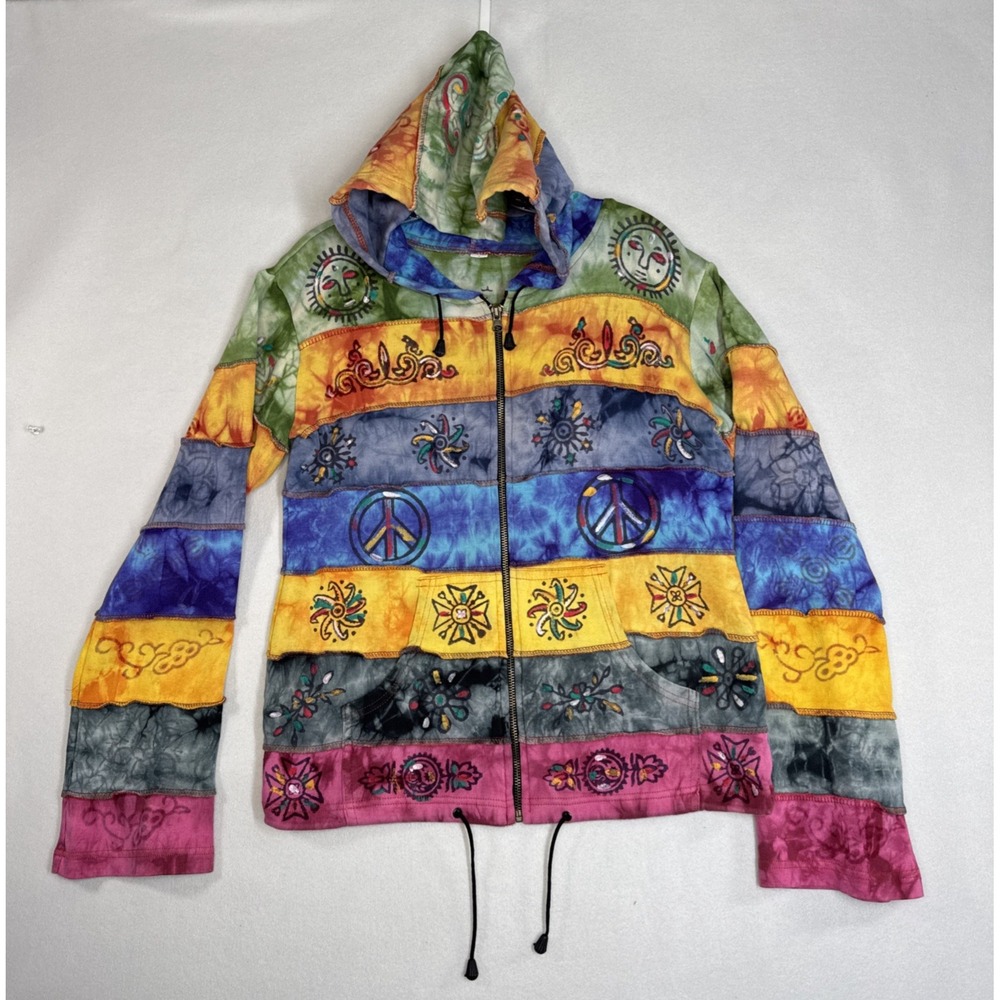 Womens Large Boho Festival Full Zip Hoodie Multicolor Striped Peace Sun